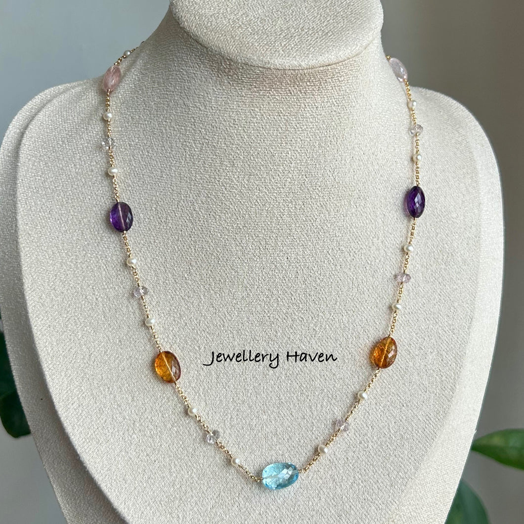 Blue topaz, citrine, amethyst and rose quartz nugget necklace