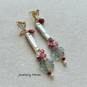 Fluorite flower and elongated pearl earrings