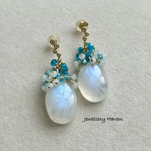 Blue flash rainbow moonstone earrings