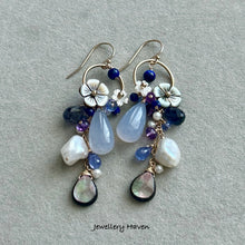 Carica l'immagine nel visualizzatore di Gallery, Chalcedony, lapis lazuli, tanzanite, mother of pearl earrings