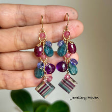 Load image into Gallery viewer, Multi hue banded fluorite, teal kyanite earrings