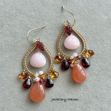 Charger l'image dans la galerie, Peach moonstone, pink opal, citrine, garnet chandelier earrings
