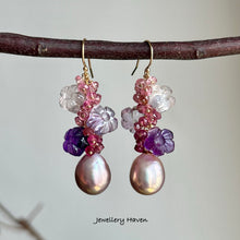 Charger l'image dans la galerie, Edison pearl, rose quartz, amethyst and pink tourmaline earrings