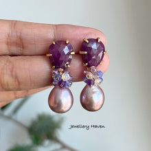Load image into Gallery viewer, Purplish pink Edison pearl and ruby studs earrings
