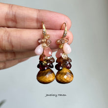 Charger l'image dans la galerie, Tiger eye, garnet, pink opal, champagne zircon earrings