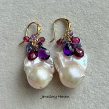 Load image into Gallery viewer, Baroque pearls, Ruby and purple Amethyst cluster earrings