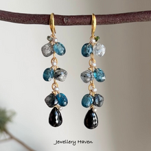 Charger l'image dans la galerie, Reserved for M … Black rutilated quartz and teal moss kyanite earrings
