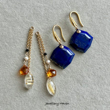 Carica l'immagine nel visualizzatore di Gallery, Lapis lazuli, citrine and golden rutilated quartz earrings