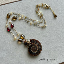 Load image into Gallery viewer, Ammonite, garnet, Ethiopian opal and tourmaline necklace