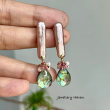 Load image into Gallery viewer, Pink lilac rectangular pearl and abalone shell earrings