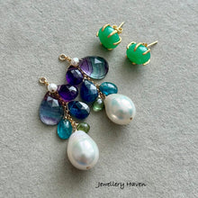 Cargar imagen en el visor de la galería, Apple green chrysoprase studs, banded fluorite, amethyst, kyanite and edison pearl earrings (detachable dangle)