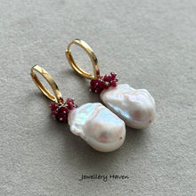 Load image into Gallery viewer, Pinkish iridescence white baroque pearl and ruby earrings