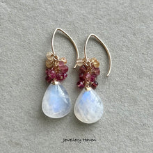 Load image into Gallery viewer, Blue flash moonstone, pink tourmaline, imperial topaz earrings