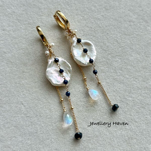 Keshi pearl, blue sapphire earrings