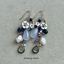 Carica l'immagine nel visualizzatore di Gallery, Chalcedony, lapis lazuli, tanzanite, mother of pearl earrings