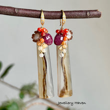 Cargar imagen en el visor de la galería, Montana agate, Ruby, Mexican fire opal earrings