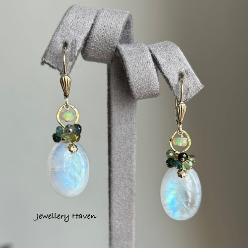Oval moonstone and tourmaline earrings