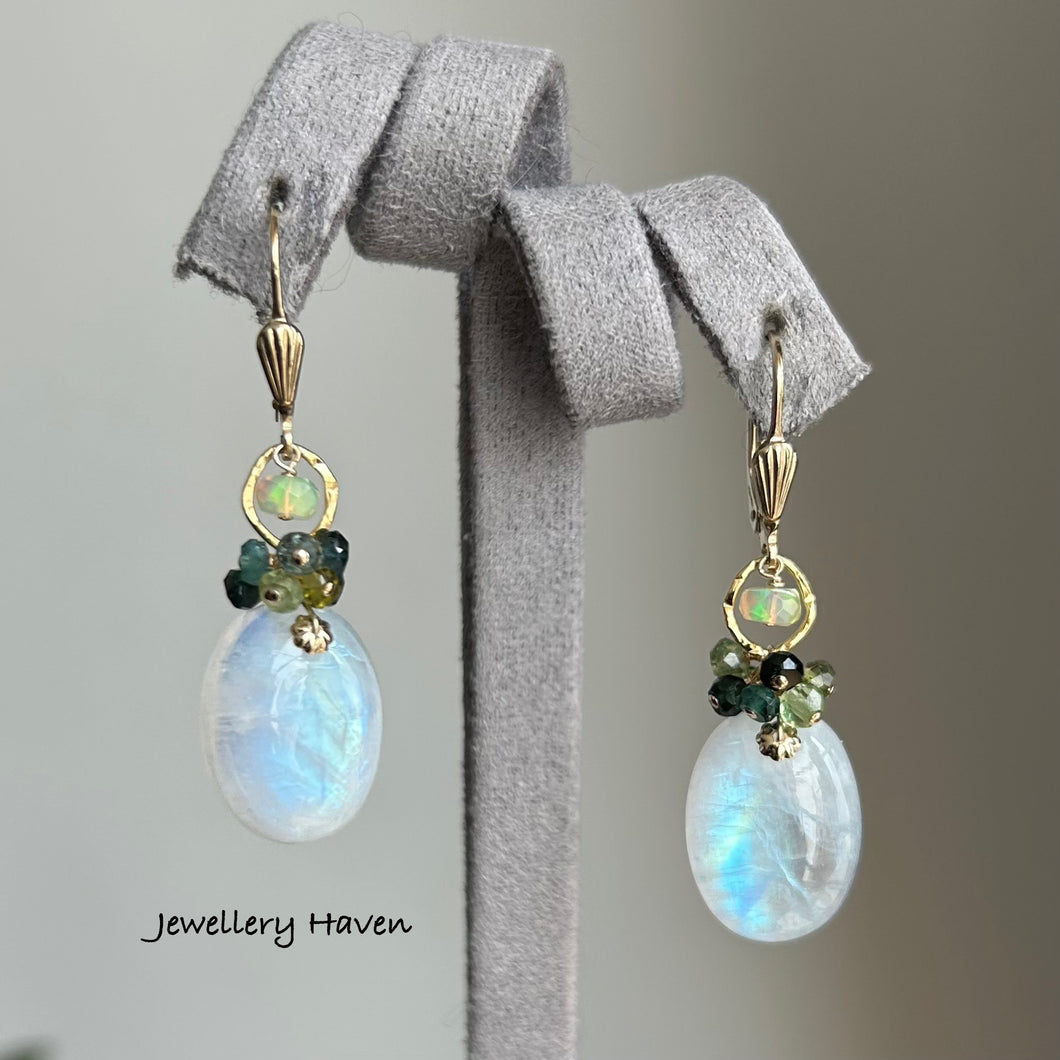 Oval moonstone and tourmaline earrings