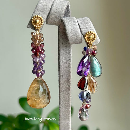 Copper rutilated quartz, Amethyst, Garnet, labradorite asymmetrical earrings