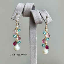 Charger l&#39;image dans la galerie, Pink tourmaline, apatite and pearl earrings