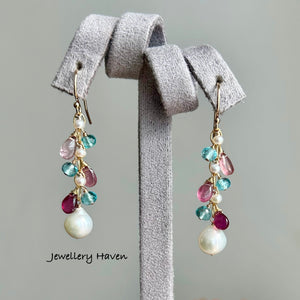 Pink tourmaline, apatite and pearl earrings