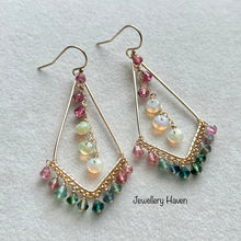 Load image into Gallery viewer, Tourmaline and Ethiopian opal chandelier earrings
