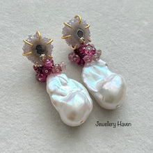Load image into Gallery viewer, Stalactite stud, baroque pearl and vibrant Pink tourmaline dangle earrings
