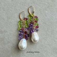Load image into Gallery viewer, White Edison pearl, pink tourmaline, peridot and pink amethyst earrings