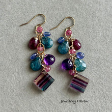 Load image into Gallery viewer, Multi hue banded fluorite, teal kyanite earrings