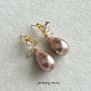 Metallic iridescent Edison pearl butterfly stud dangle earrings