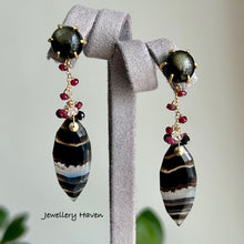 Load image into Gallery viewer, Banded agate, ruby and obsidian stud earrings (detachable dangle)