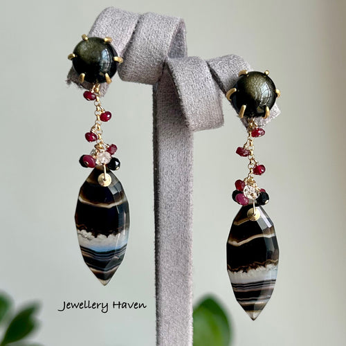 Banded agate, ruby and obsidian stud earrings (detachable dangle)