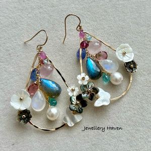 Blue flash labradorite and moonstone chandelier earrings.