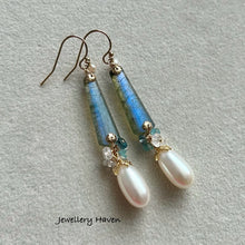 Load image into Gallery viewer, Blue flash labradorite and AAA long drop pearl earrings