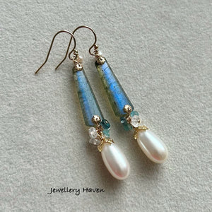 Blue flash labradorite and AAA long drop pearl earrings