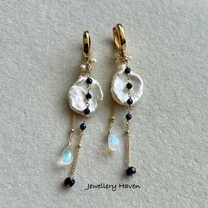 Keshi pearl, blue sapphire earrings