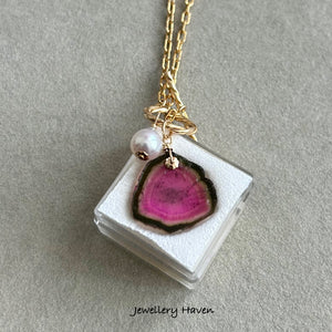 Watermelon tourmaline slice toggle necklace