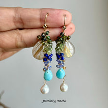 Carica l'immagine nel visualizzatore di Gallery, Golden rutilated quartz, Larimar, pearl earrings