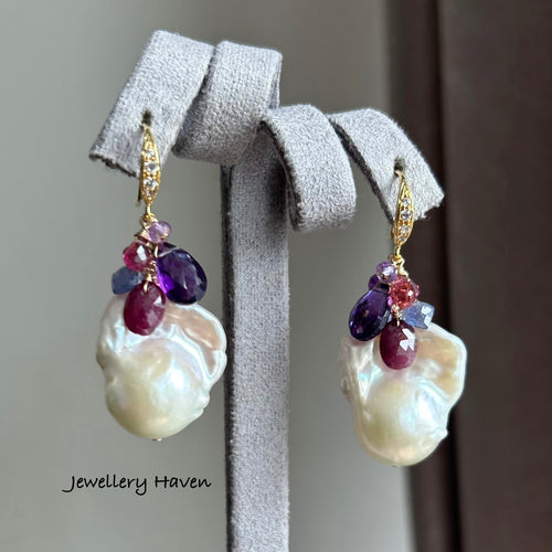 Baroque pearls, Ruby and purple Amethyst cluster earrings