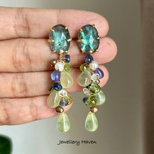 Load image into Gallery viewer, Prehnite, peridot clusters and teal moss kyanite studs earrings