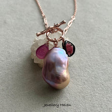 Load image into Gallery viewer, Purple golden iridescent baroque pearl toggle rose gold necklace