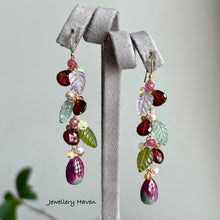 Laden Sie das Bild in den Galerie-Viewer, Ruby zoisite, garnet, fluorite, pink amethyst carved leaf earrings