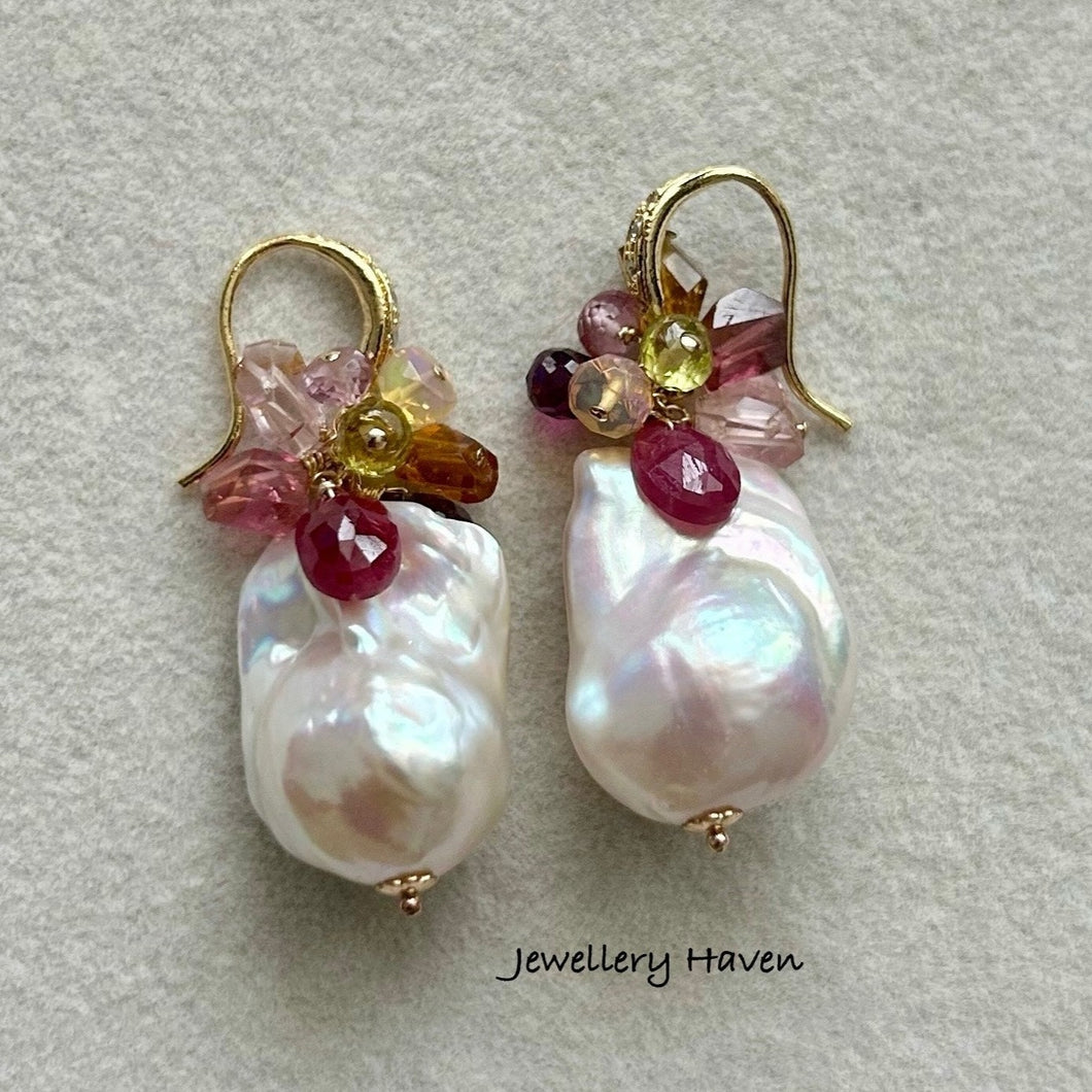 Ruby, baroque pearl earrings