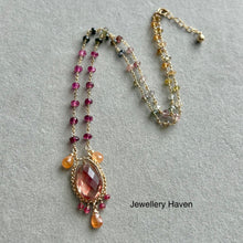 Cargar imagen en el visor de la galería, Red schiller oregon sunstone, tourmaline, spinel and spessartite necklace