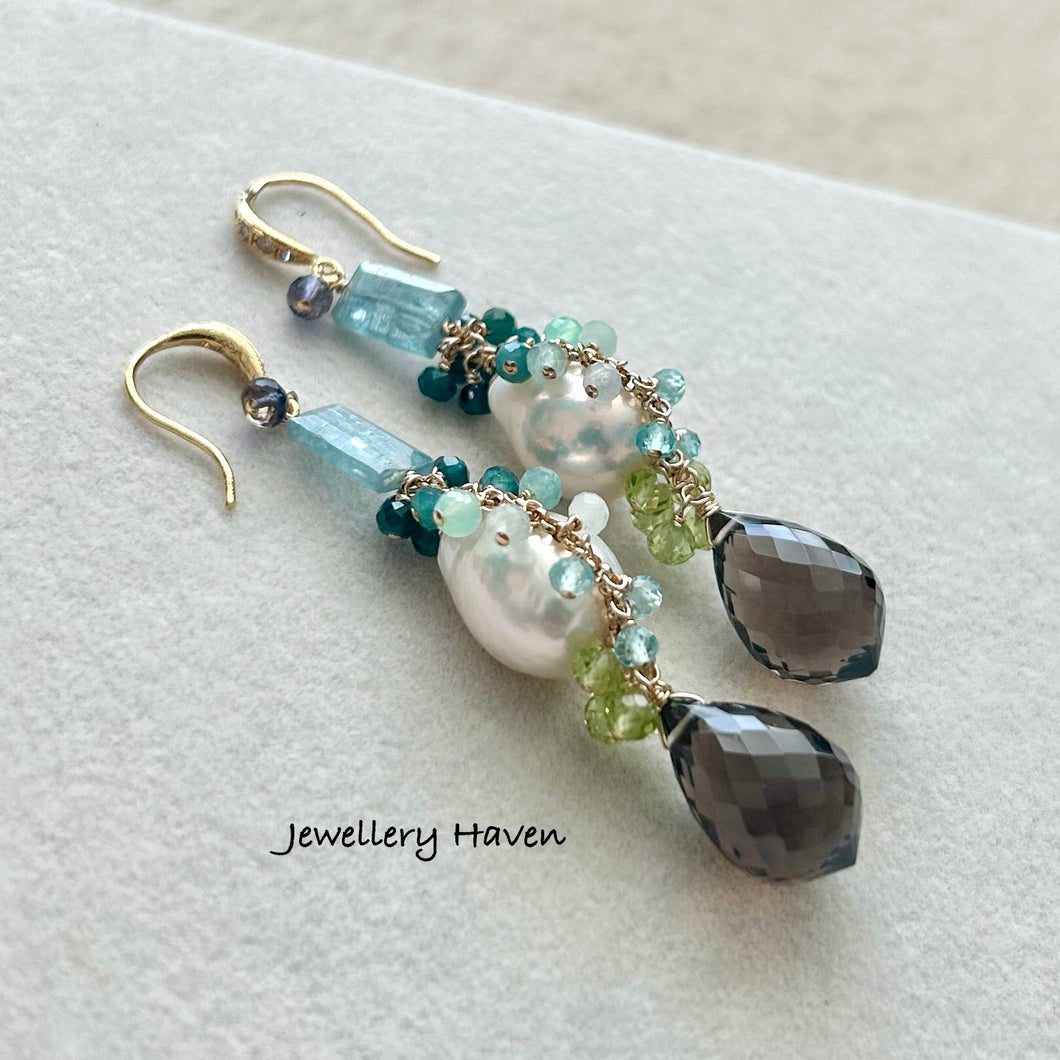 Aqua kyanite, Edison pearl, smokey quartz gems cluster earrings