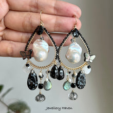 Charger l'image dans la galerie, Baroque pearl, black spinel, snowflake obsidian chandelier earrings