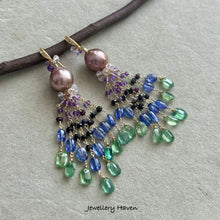 Load image into Gallery viewer, Edison Pearl, kyanite, tanzanite, sugilite and amethyst tassel earrings