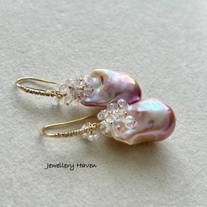 Blush lilac pink iridescence baroque pearl and moonstones earrings