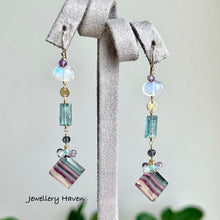 Laden Sie das Bild in den Galerie-Viewer, Rainbow fluorite, kyanite and moonstone earrings