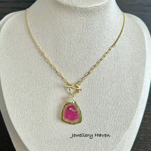 Large Watermelon tourmaline slice toggle necklace